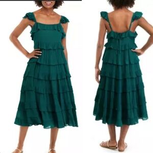 Crown & Ivy Green Tiered Ruffle Dress. Large NWT